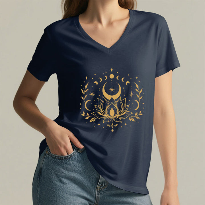 T-shirt Olivenorma à col en V pour femme, imprimé double face lune et lotus, style spirituel - image 3