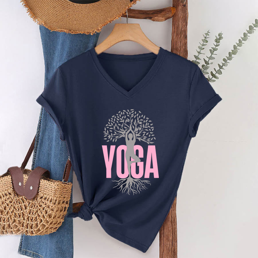 T-shirt à col en V pour femme Olivenorma Yoga Figure Tree Of Life Bold Text Graphic - Bleu marine - 2XL - image 25