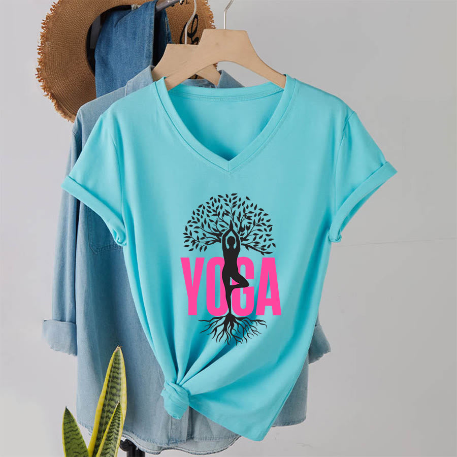T-shirt à col en V pour femme Olivenorma Yoga Figure Tree Of Life Bold Text Graphic - Lac Bleu - 2XL - image 16