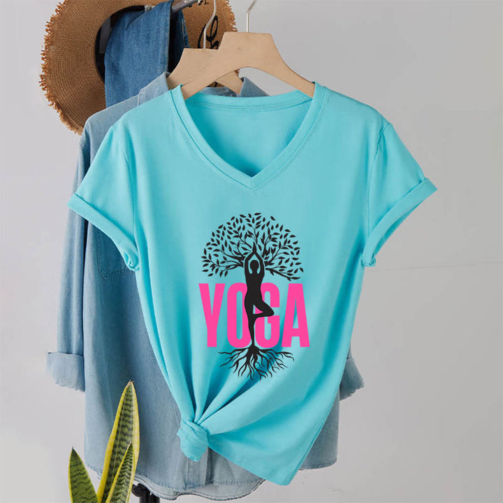 T-shirt à col en V pour femme Olivenorma Yoga Figure Tree Of Life Bold Text Graphic - Lac Bleu - 2XL - image 16