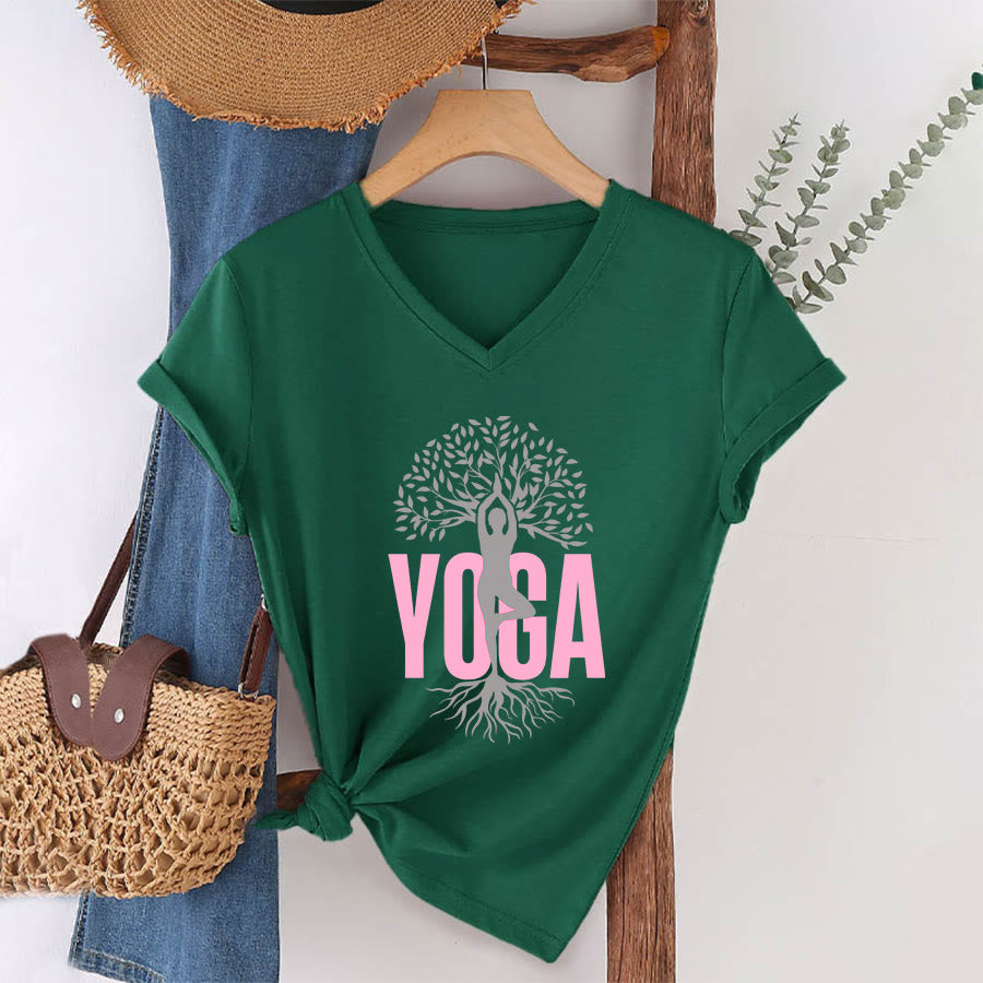 T-shirt à col en V pour femme Olivenorma Yoga Figure Tree Of Life Bold Text Graphic - Vert foncé - 2XL - image 4