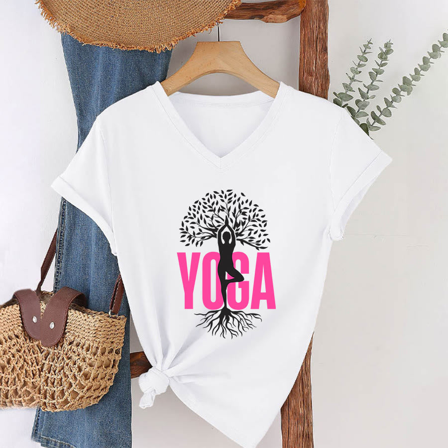 T-shirt à col en V pour femme Olivenorma Yoga Figure Tree Of Life Bold Text Graphic - Blanc - 2XL - image 1