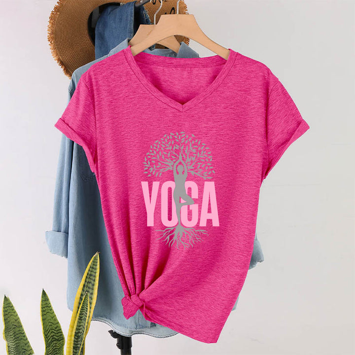 T-shirt à col en V pour femme Olivenorma Yoga Figure Tree Of Life Bold Text Graphic - Rose rouge - 2XL - image 34
