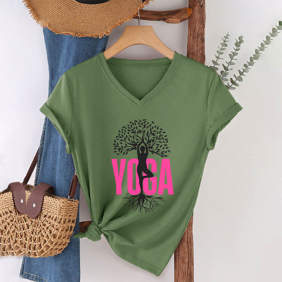 T-shirt à col en V pour femme Olivenorma Yoga Figure Tree Of Life Bold Text Graphic - Vert olive - 2XL - image 7