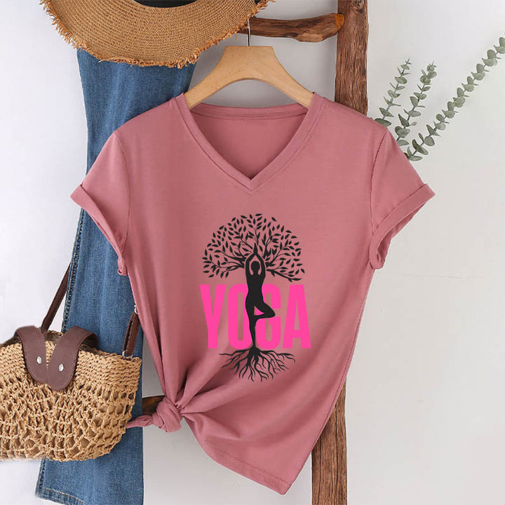 T-shirt à col en V pour femme Olivenorma Yoga Figure Tree Of Life Bold Text Graphic - Rose - 2XL - image 13