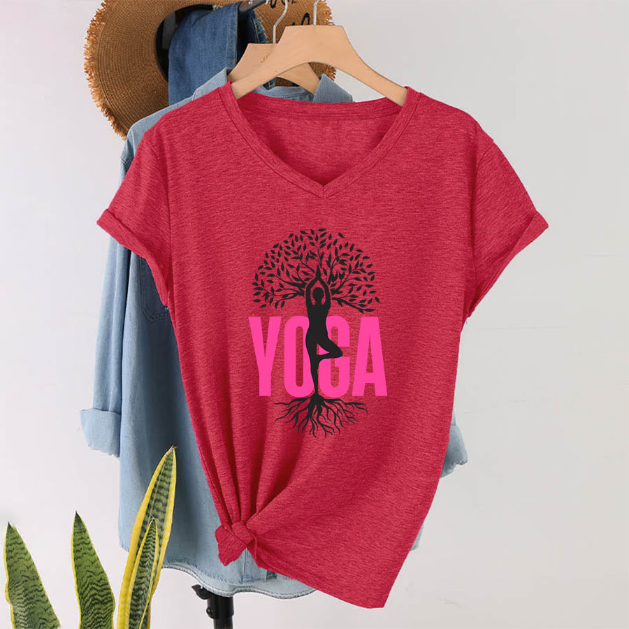 T-shirt à col en V pour femme Olivenorma Yoga Figure Tree Of Life Bold Text Graphic - Rouge - 2XL - image 28