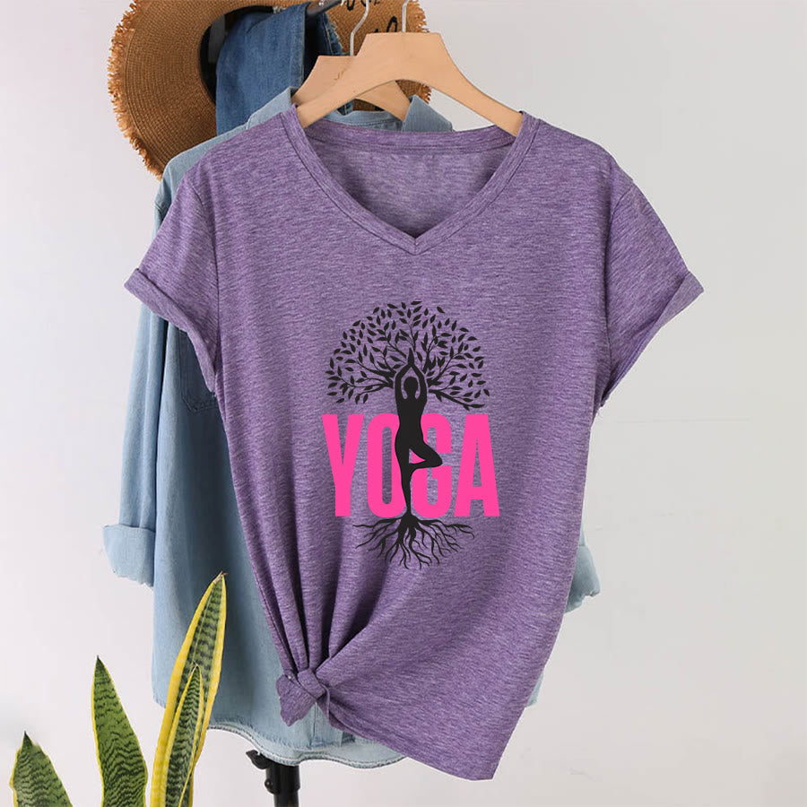 T-shirt à col en V pour femme Olivenorma Yoga Figure Tree Of Life Bold Text Graphic - Violet - 2XL - image 37