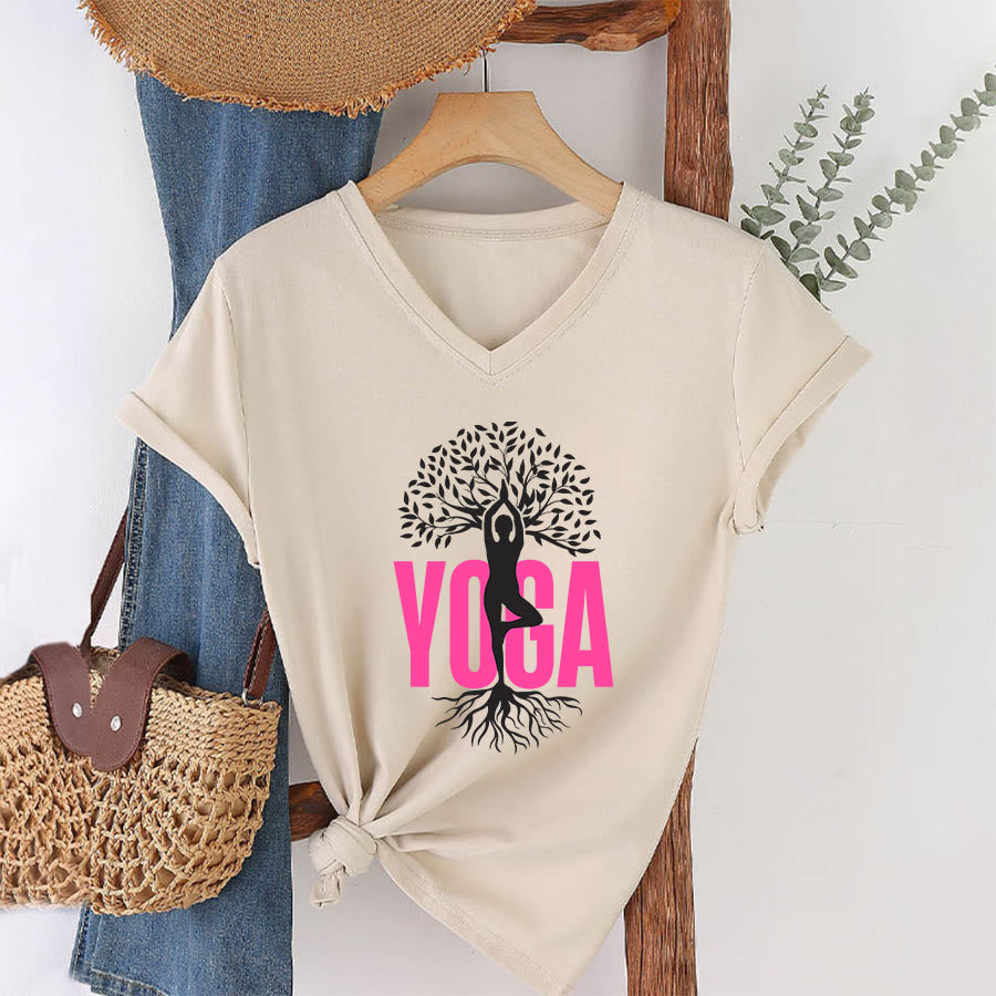 T-shirt à col en V pour femme Olivenorma Yoga Figure Tree Of Life Bold Text Graphic - Kaki - 2XL - image 10