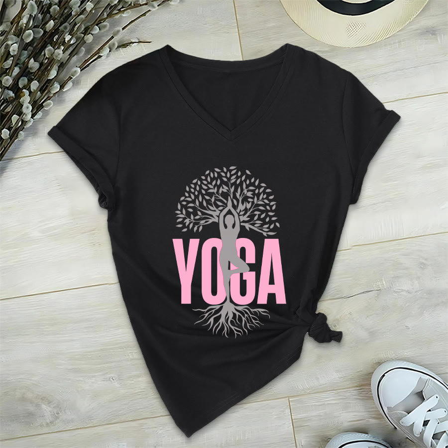 T-shirt à col en V pour femme Olivenorma Yoga Figure Tree Of Life Bold Text Graphic - image 18