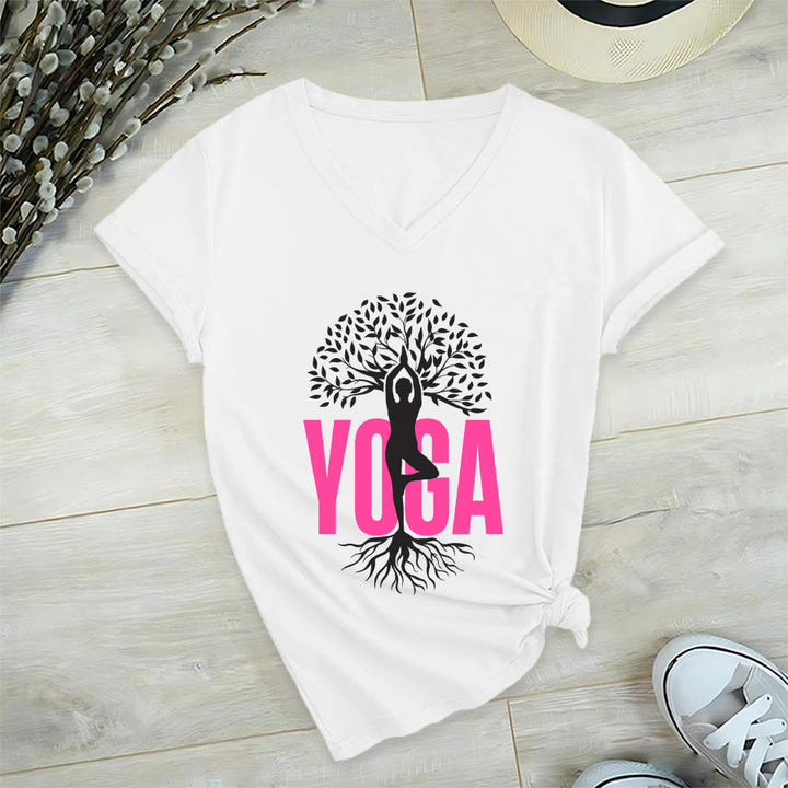 T-shirt à col en V pour femme Olivenorma Yoga Figure Tree Of Life Bold Text Graphic - image 0