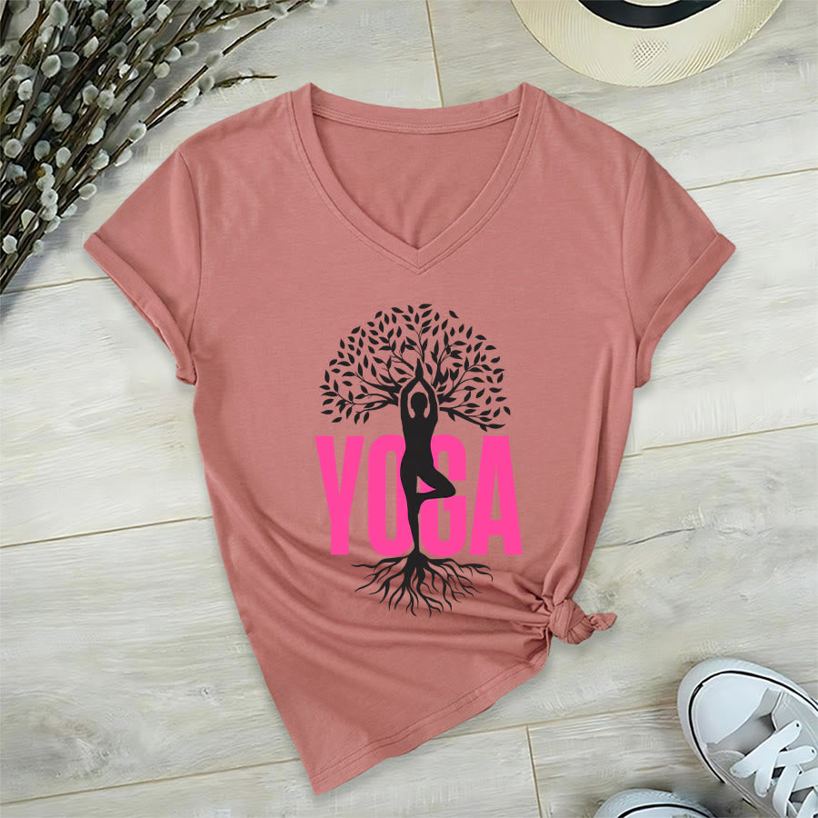 T-shirt à col en V pour femme Olivenorma Yoga Figure Tree Of Life Bold Text Graphic - image 12
