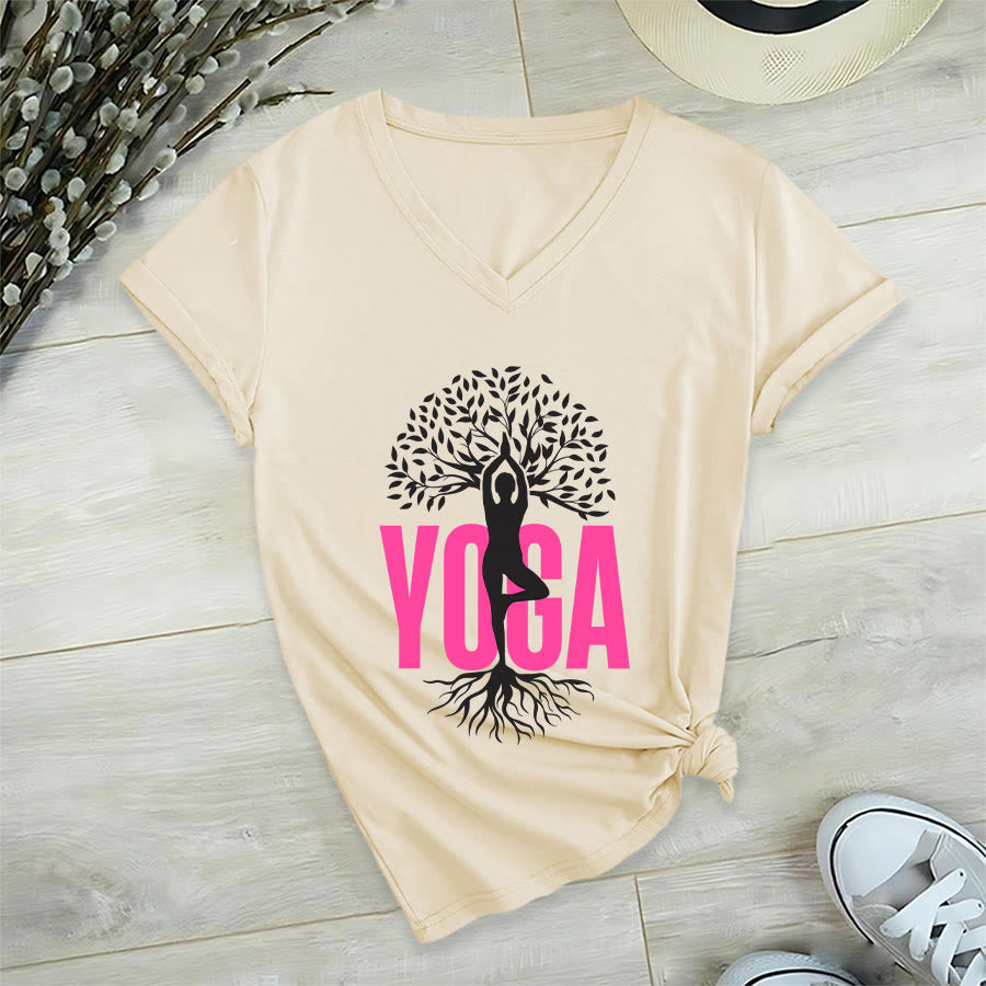 T-shirt à col en V pour femme Olivenorma Yoga Figure Tree Of Life Bold Text Graphic - image 9
