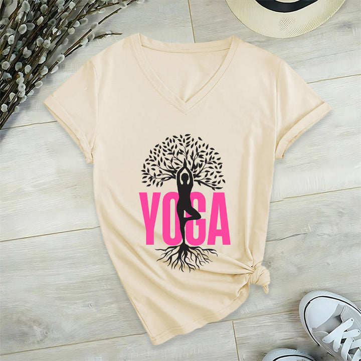 T-shirt à col en V pour femme Olivenorma Yoga Figure Tree Of Life Bold Text Graphic - image 9