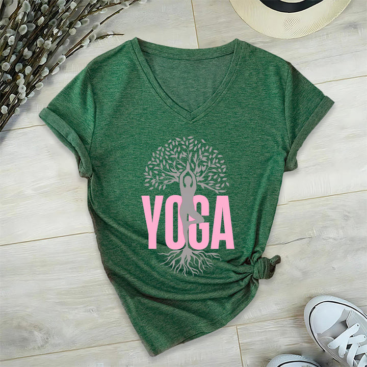 T-shirt à col en V pour femme Olivenorma Yoga Figure Tree Of Life Bold Text Graphic - image 3