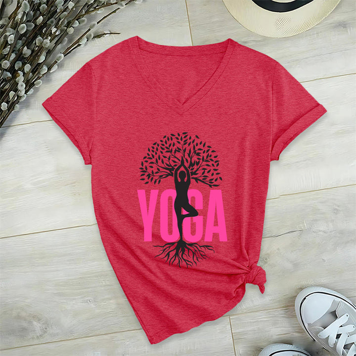 T-shirt à col en V pour femme Olivenorma Yoga Figure Tree Of Life Bold Text Graphic - image 27