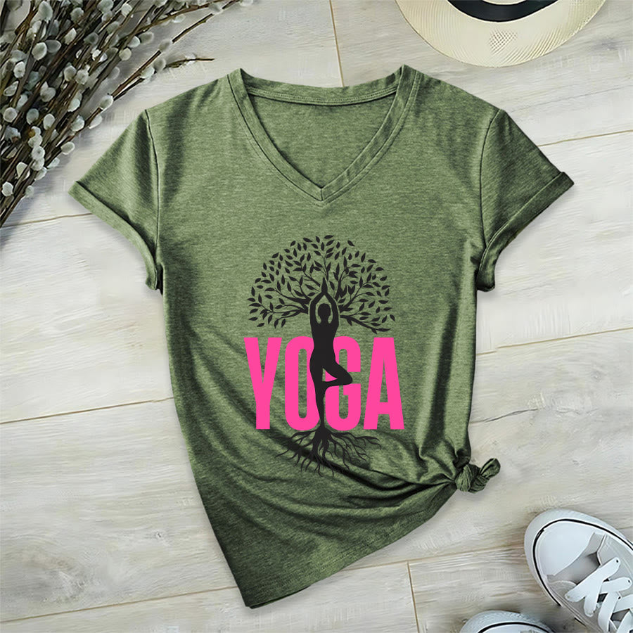 T-shirt à col en V pour femme Olivenorma Yoga Figure Tree Of Life Bold Text Graphic - image 6