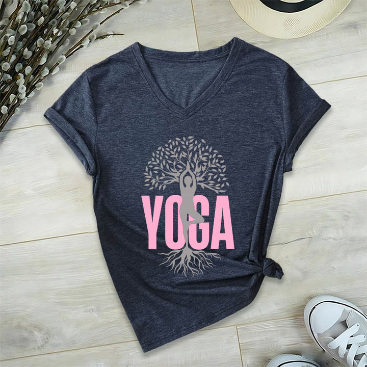 T-shirt à col en V pour femme Olivenorma Yoga Figure Tree Of Life Bold Text Graphic - image 24