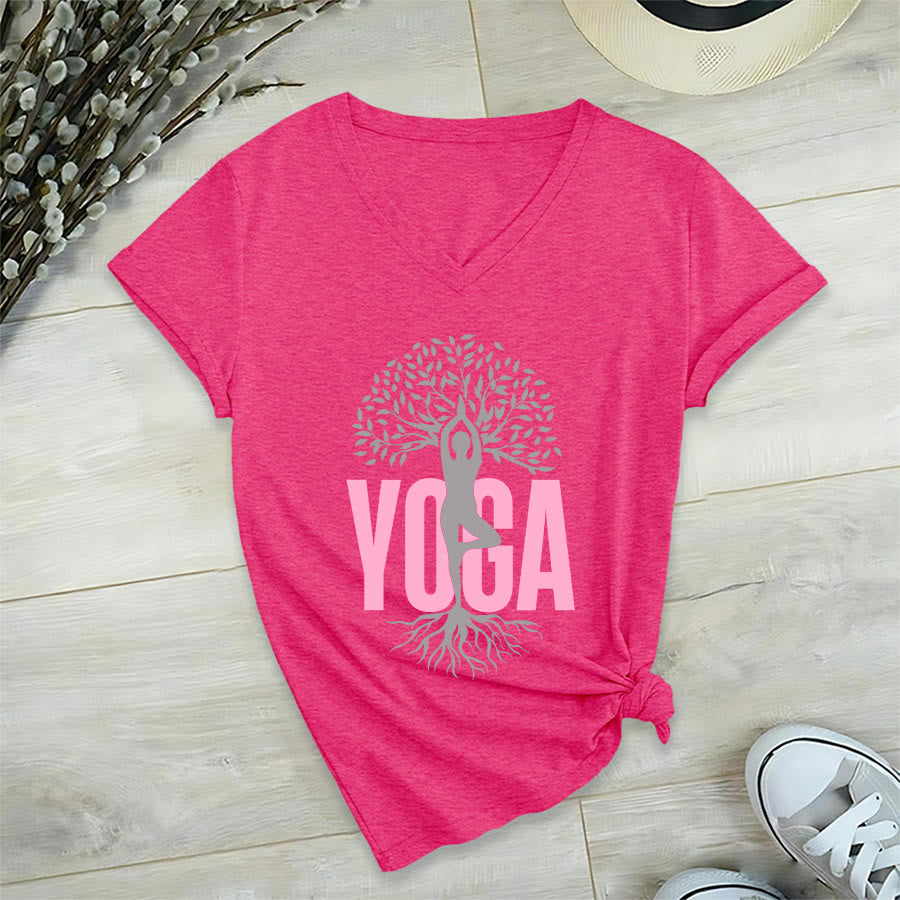 T-shirt à col en V pour femme Olivenorma Yoga Figure Tree Of Life Bold Text Graphic - image 33