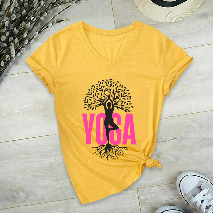 T-shirt à col en V pour femme Olivenorma Yoga Figure Tree Of Life Bold Text Graphic - image 30