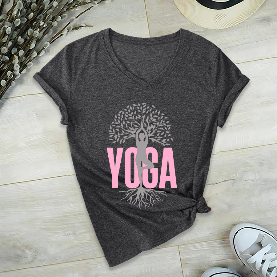 T-shirt à col en V pour femme Olivenorma Yoga Figure Tree Of Life Bold Text Graphic - image 21