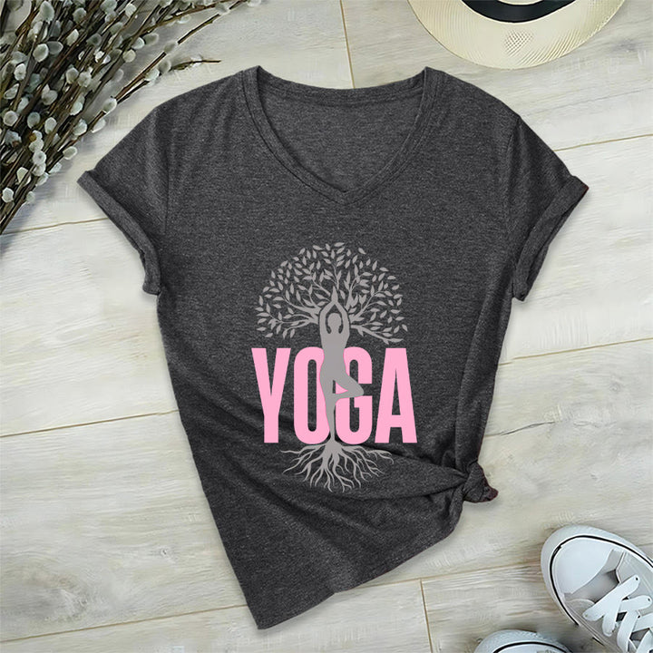 T-shirt à col en V pour femme Olivenorma Yoga Figure Tree Of Life Bold Text Graphic - image 21