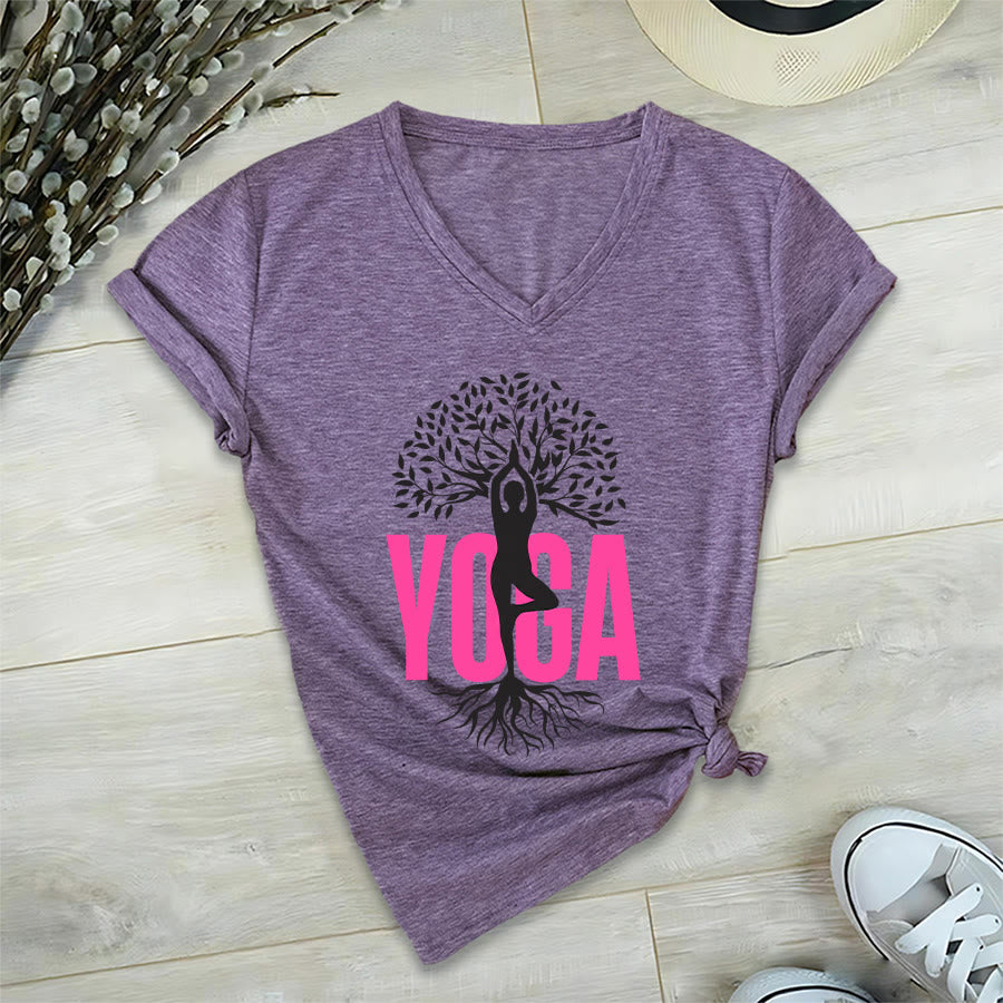 T-shirt à col en V pour femme Olivenorma Yoga Figure Tree Of Life Bold Text Graphic - image 36