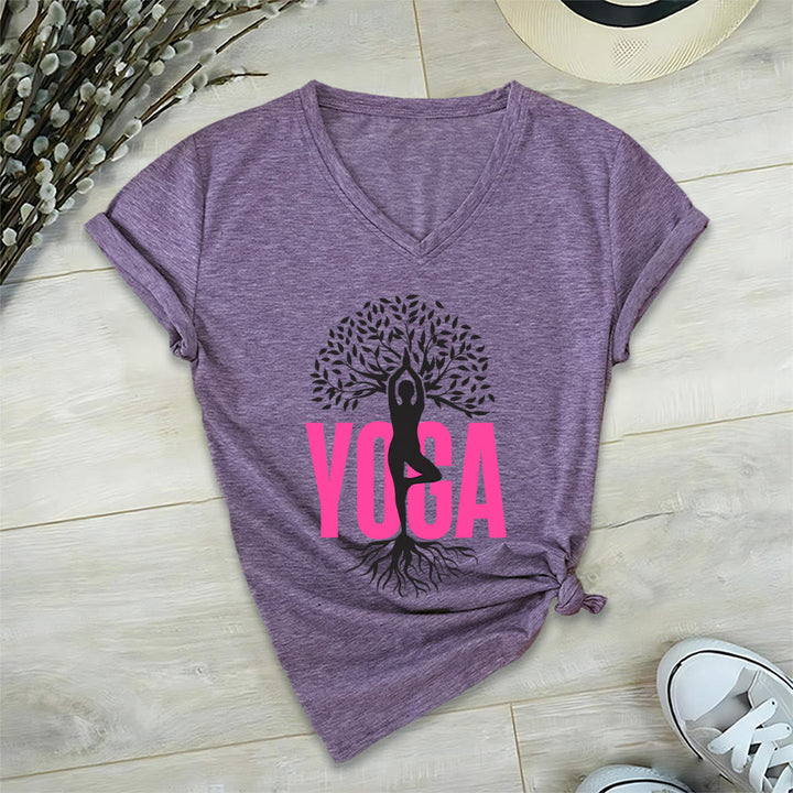 T-shirt à col en V pour femme Olivenorma Yoga Figure Tree Of Life Bold Text Graphic - image 36