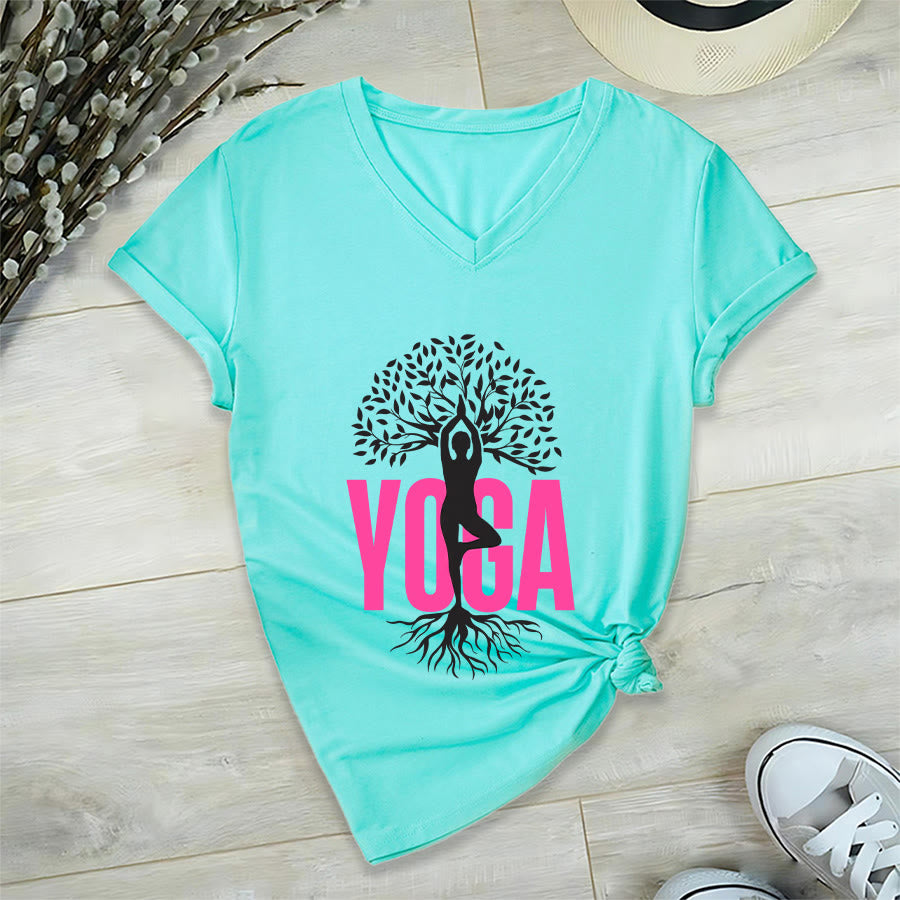 T-shirt à col en V pour femme Olivenorma Yoga Figure Tree Of Life Bold Text Graphic - image 15