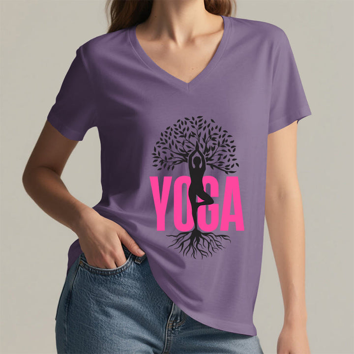 T-shirt à col en V pour femme Olivenorma Yoga Figure Tree Of Life Bold Text Graphic - image 38