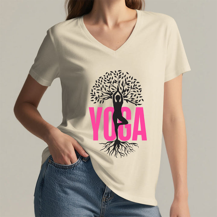 T-shirt à col en V pour femme Olivenorma Yoga Figure Tree Of Life Bold Text Graphic - image 11