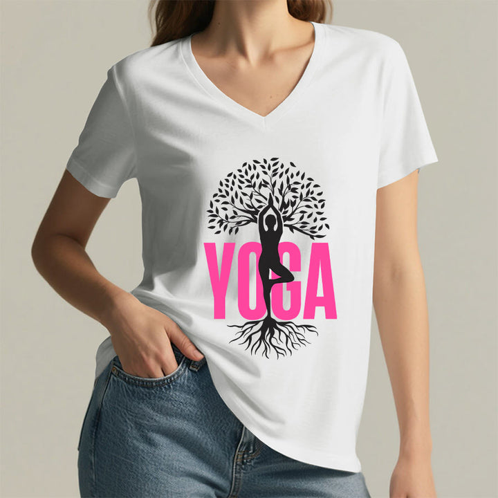 T-shirt à col en V pour femme Olivenorma Yoga Figure Tree Of Life Bold Text Graphic - image 2