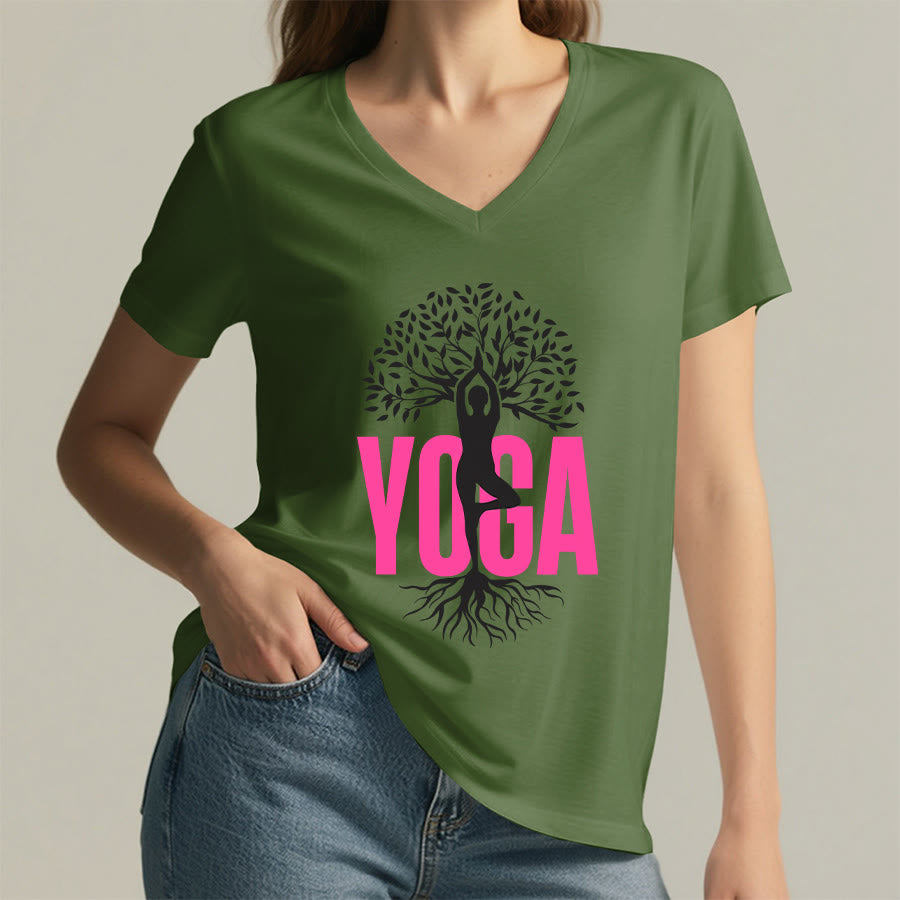 T-shirt à col en V pour femme Olivenorma Yoga Figure Tree Of Life Bold Text Graphic - image 8