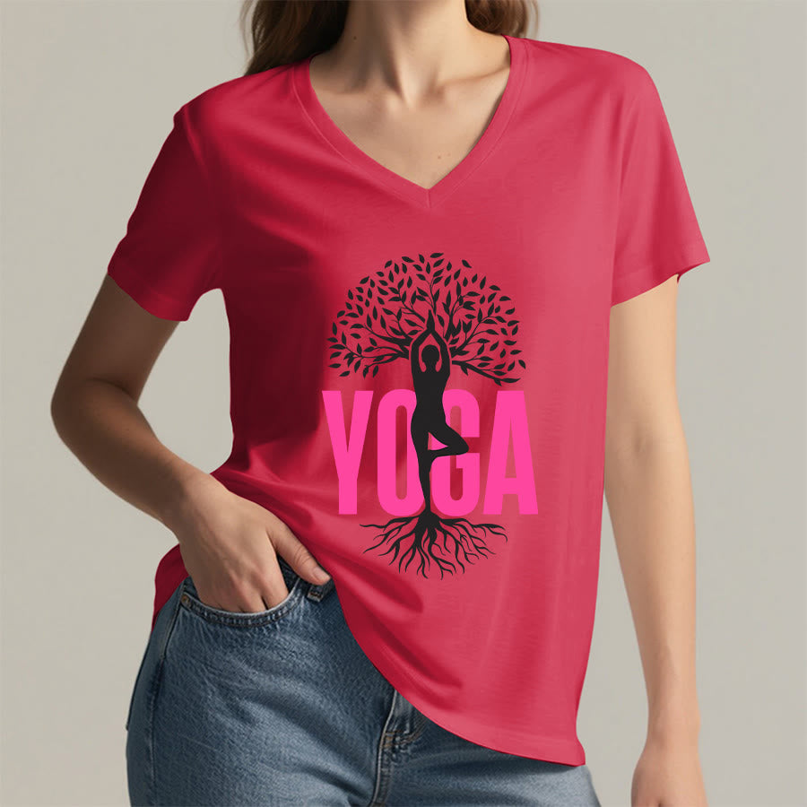 T-shirt à col en V pour femme Olivenorma Yoga Figure Tree Of Life Bold Text Graphic - image 29