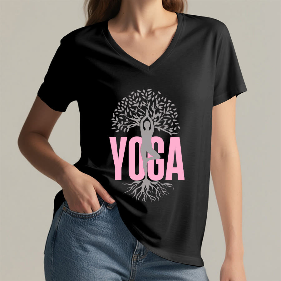 T-shirt à col en V pour femme Olivenorma Yoga Figure Tree Of Life Bold Text Graphic - image 20