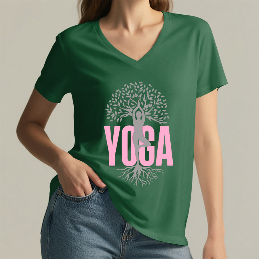 T-shirt à col en V pour femme Olivenorma Yoga Figure Tree Of Life Bold Text Graphic - image 5