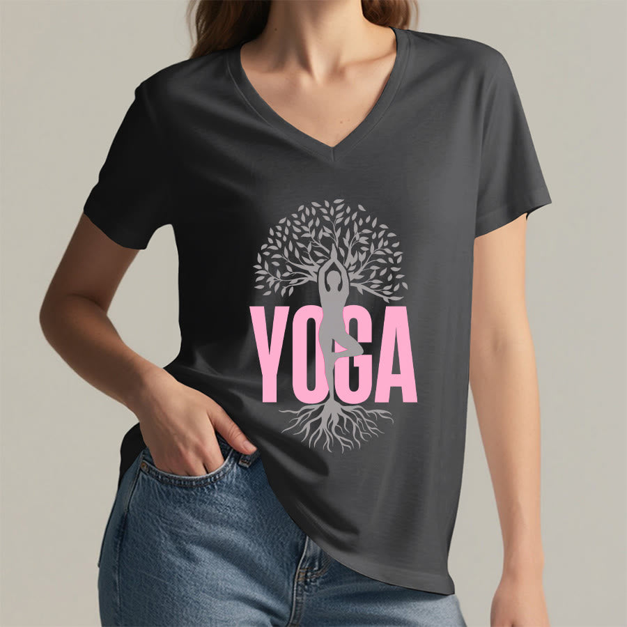 T-shirt à col en V pour femme Olivenorma Yoga Figure Tree Of Life Bold Text Graphic - image 23