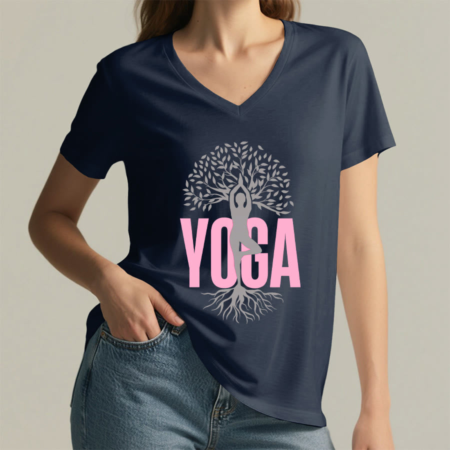 T-shirt à col en V pour femme Olivenorma Yoga Figure Tree Of Life Bold Text Graphic - image 26