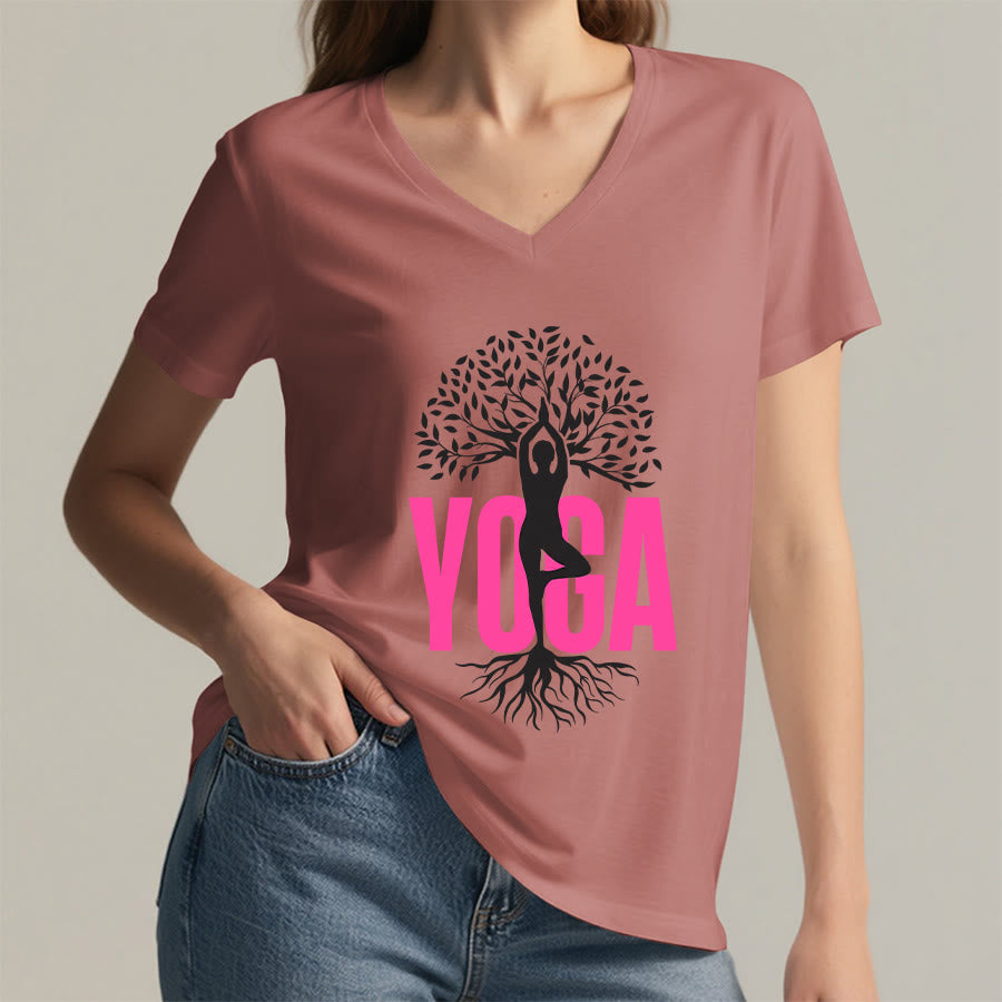 T-shirt à col en V pour femme Olivenorma Yoga Figure Tree Of Life Bold Text Graphic - image 14
