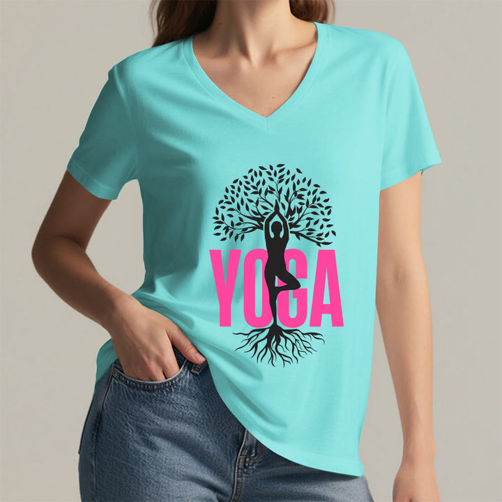 T-shirt à col en V pour femme Olivenorma Yoga Figure Tree Of Life Bold Text Graphic - image 17