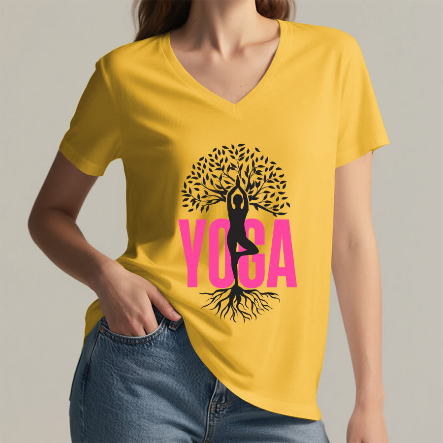 T-shirt à col en V pour femme Olivenorma Yoga Figure Tree Of Life Bold Text Graphic - image 32