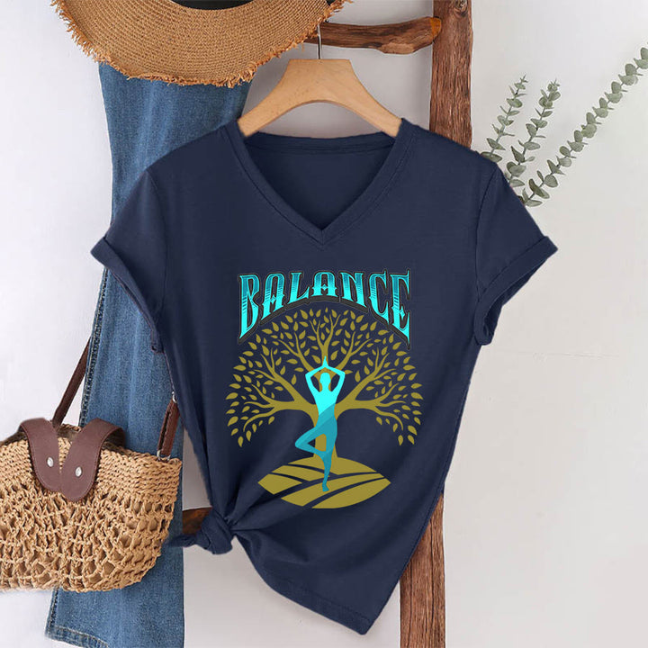 T-shirt à col en V pour femme Olivenorma Tree Pose Yoga Lady Balance Word Spiritual - Bleu marine - 2XL - image 25