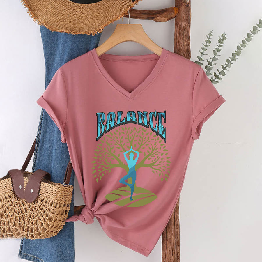 T-shirt à col en V pour femme Olivenorma Tree Pose Yoga Lady Balance Word Spiritual - Rose - 2XL - image 13