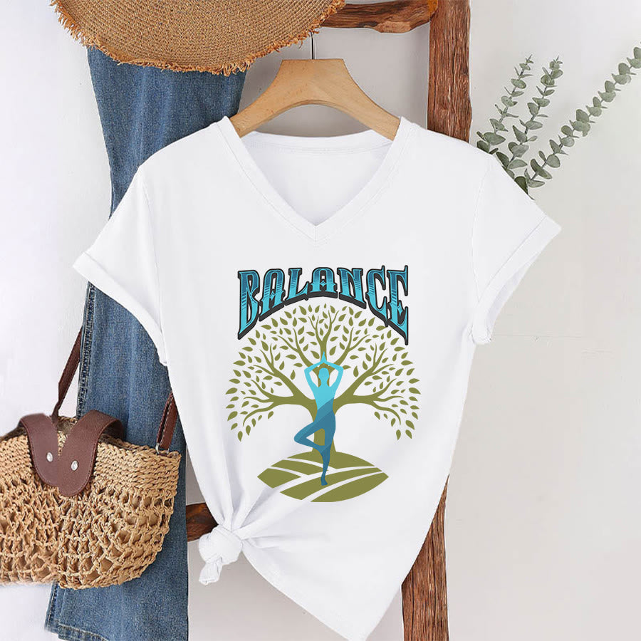 T-shirt à col en V pour femme Olivenorma Tree Pose Yoga Lady Balance Word Spiritual - Blanc - 2XL - image 1