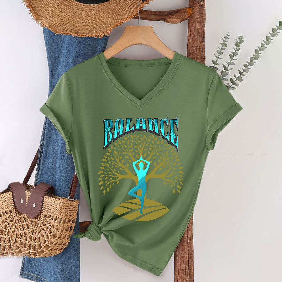 T-shirt à col en V pour femme Olivenorma Tree Pose Yoga Lady Balance Word Spiritual - Vert olive - 2XL - image 7