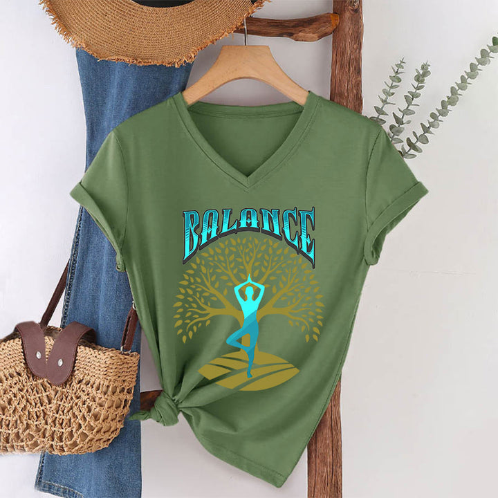 T-shirt à col en V pour femme Olivenorma Tree Pose Yoga Lady Balance Word Spiritual - Vert olive - 2XL - image 7