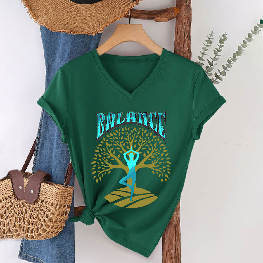 T-shirt à col en V pour femme Olivenorma Tree Pose Yoga Lady Balance Word Spiritual - Vert foncé - 2XL - image 4