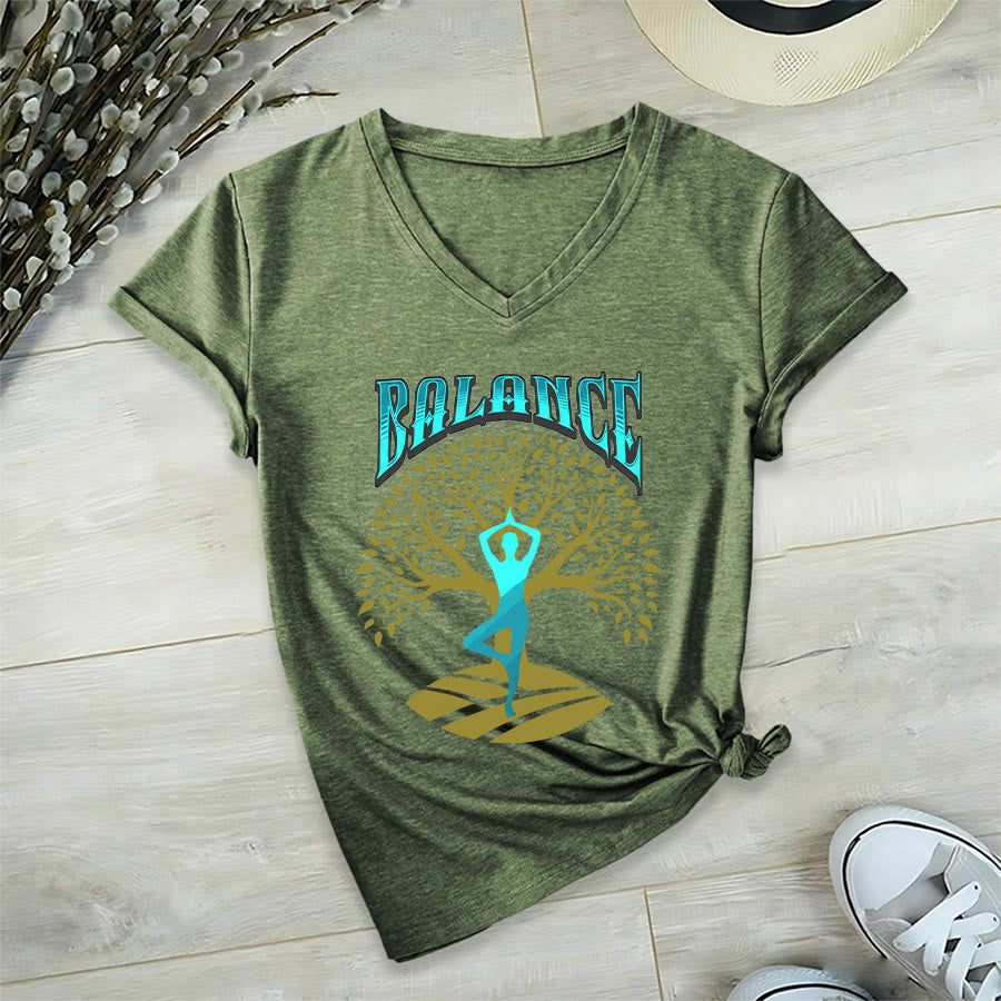 T-shirt à col en V pour femme Olivenorma Tree Pose Yoga Lady Balance Word Spiritual - image 6