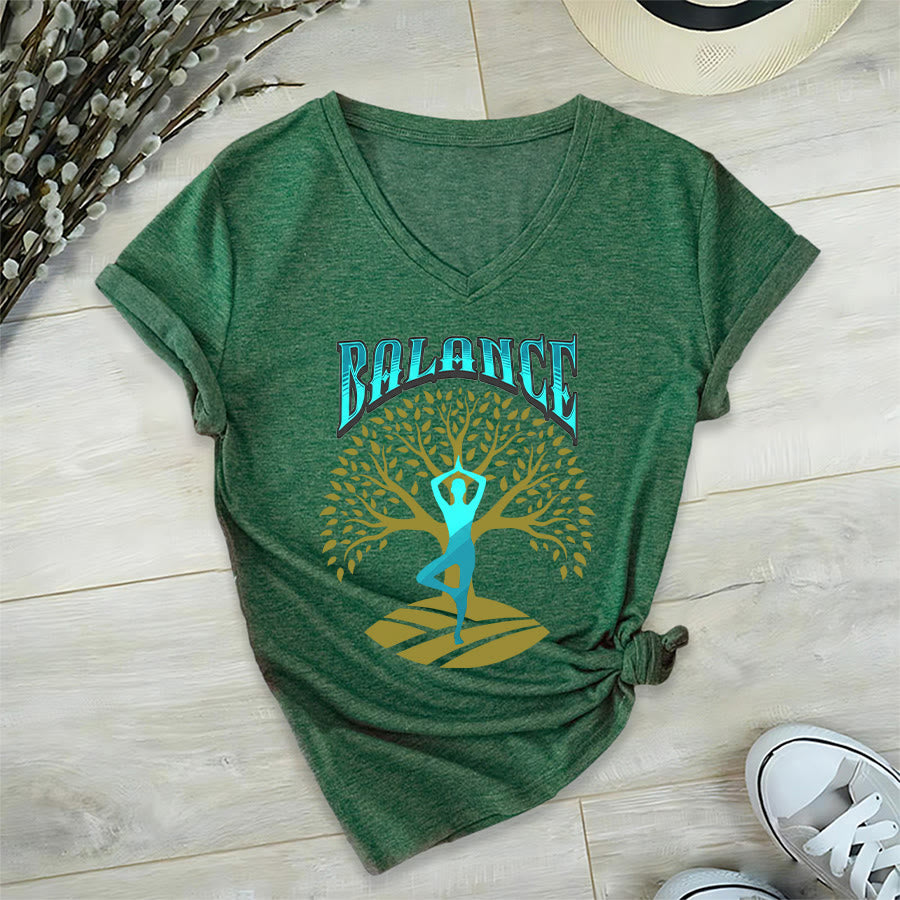 T-shirt à col en V pour femme Olivenorma Tree Pose Yoga Lady Balance Word Spiritual - image 3
