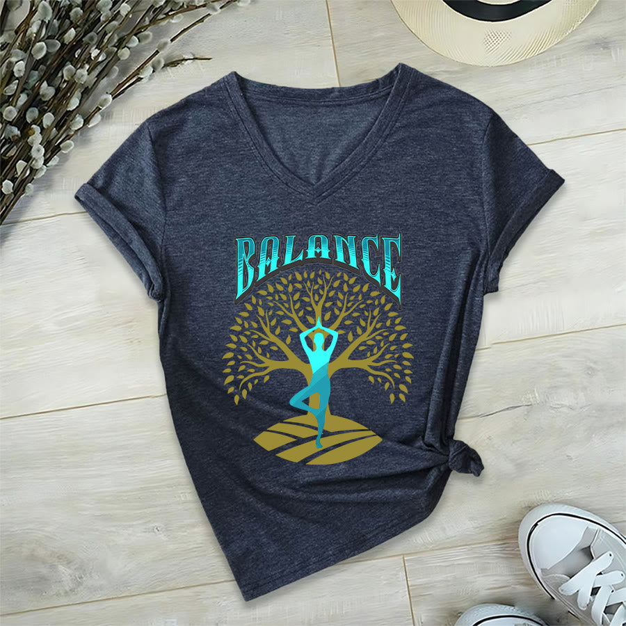 T-shirt à col en V pour femme Olivenorma Tree Pose Yoga Lady Balance Word Spiritual - image 24