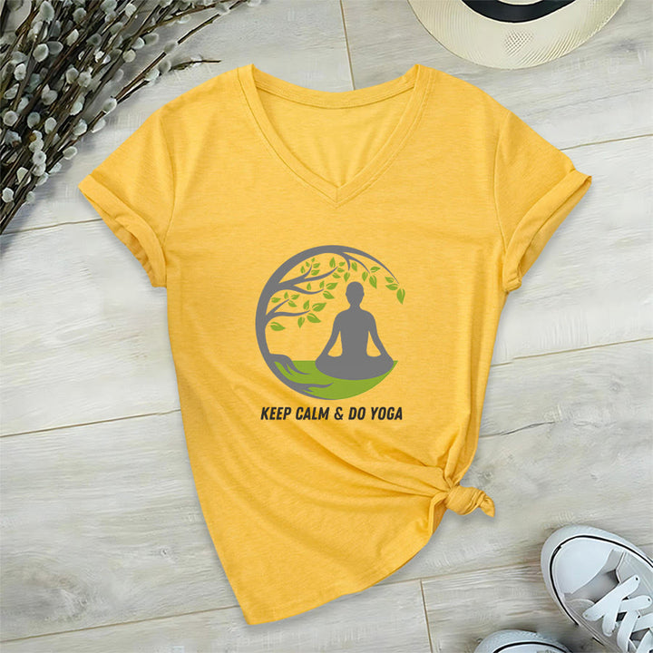 T-shirt Olivenorma Keep Calm & Do Yoga avec motif d'arbre circulaire et col en V pour femme - Jaune - 2XL - image 30